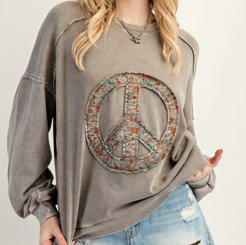 Easel Peace Floral Bohemian Long Sleeve Scoop Sweater